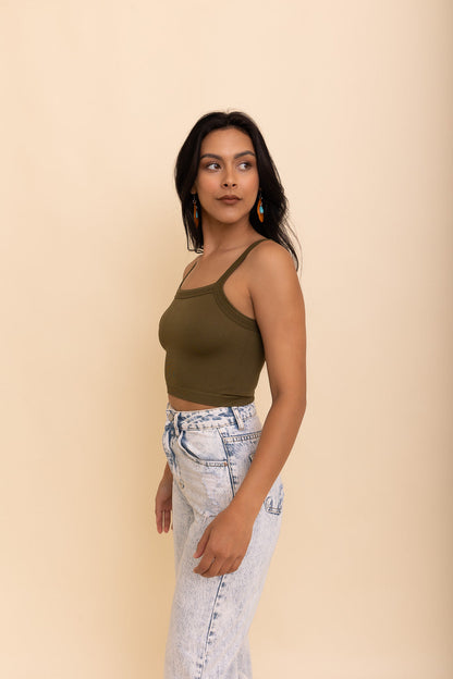 Periwinkle Aether Sleek Comfort Seamless Brami top in moss green, showcasing its smooth, fitted design and soft fabric.