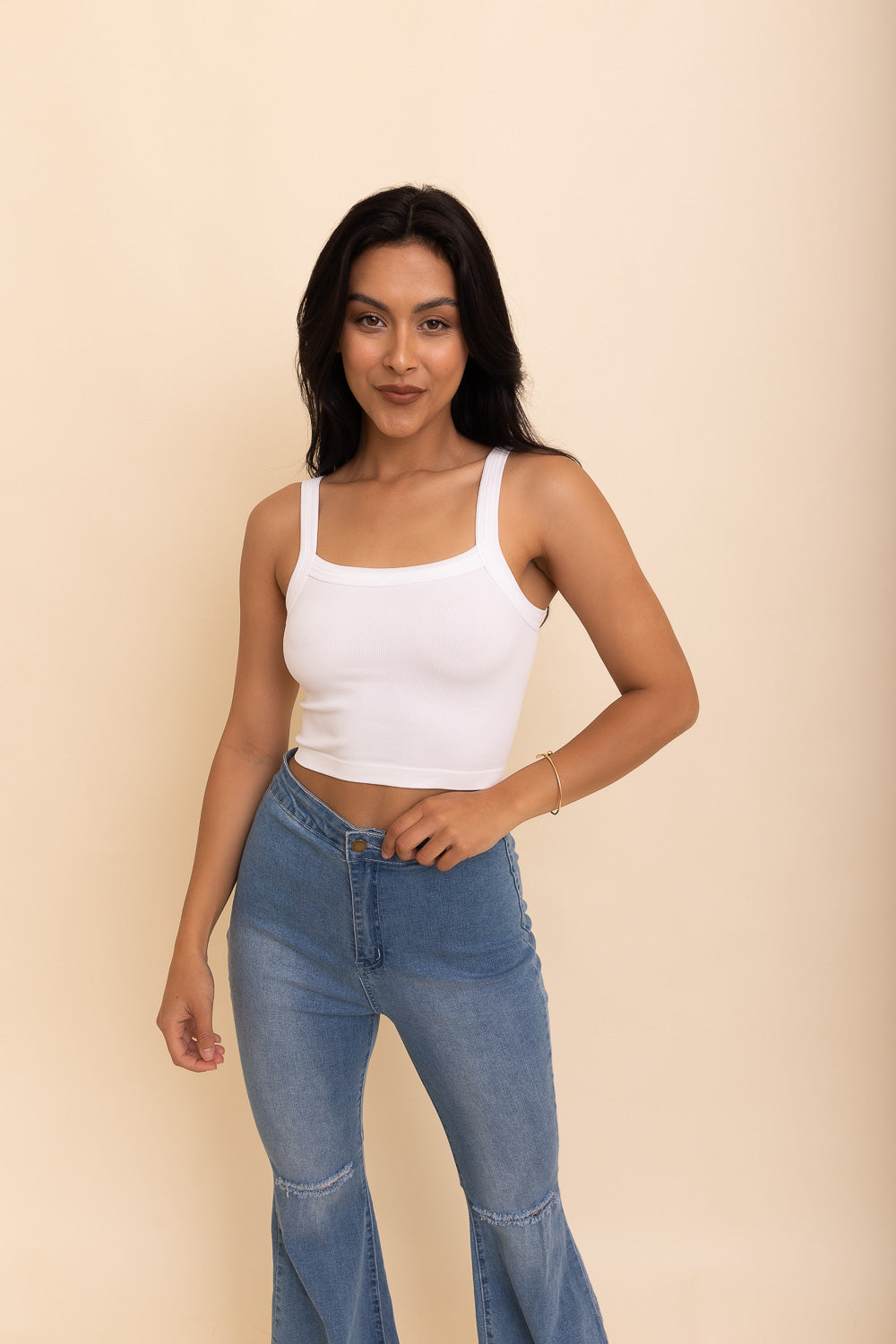 White Periwinkle Aether Sleek Comfort Seamless Brami top, close-up of soft, seamless fabric and fitted design.