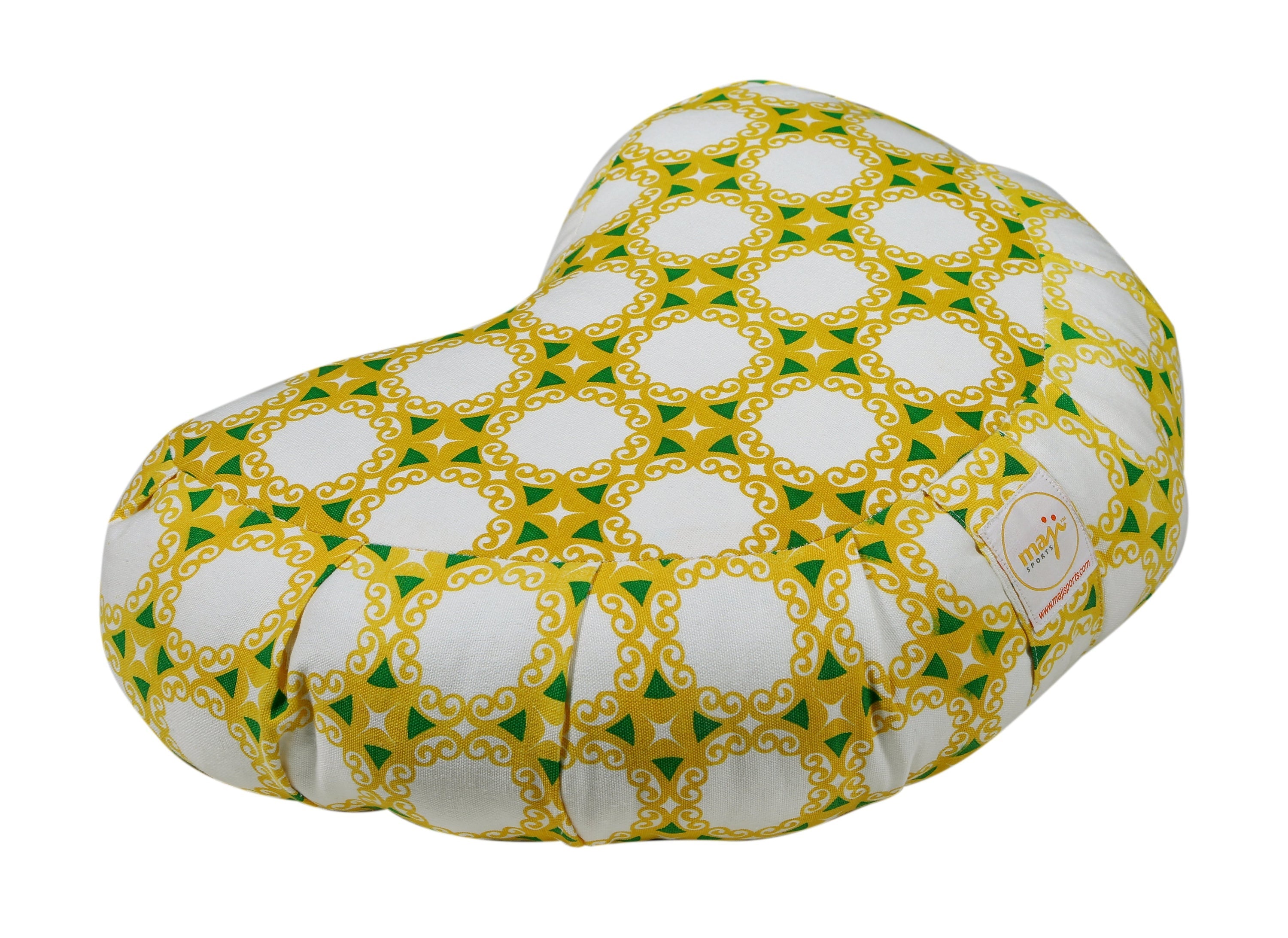 Yellow Halfmoon Zafu yoga pillow by Azure Jason, designed for meditation and sitting comfort during yoga practice.