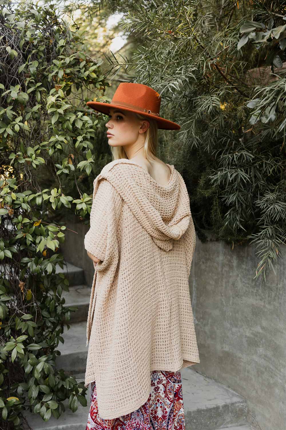 Beige cozy soft waffle hooded ruana accessory by Periwinkle Aether, featuring a comfortable hood and textured waffle knit fabric.