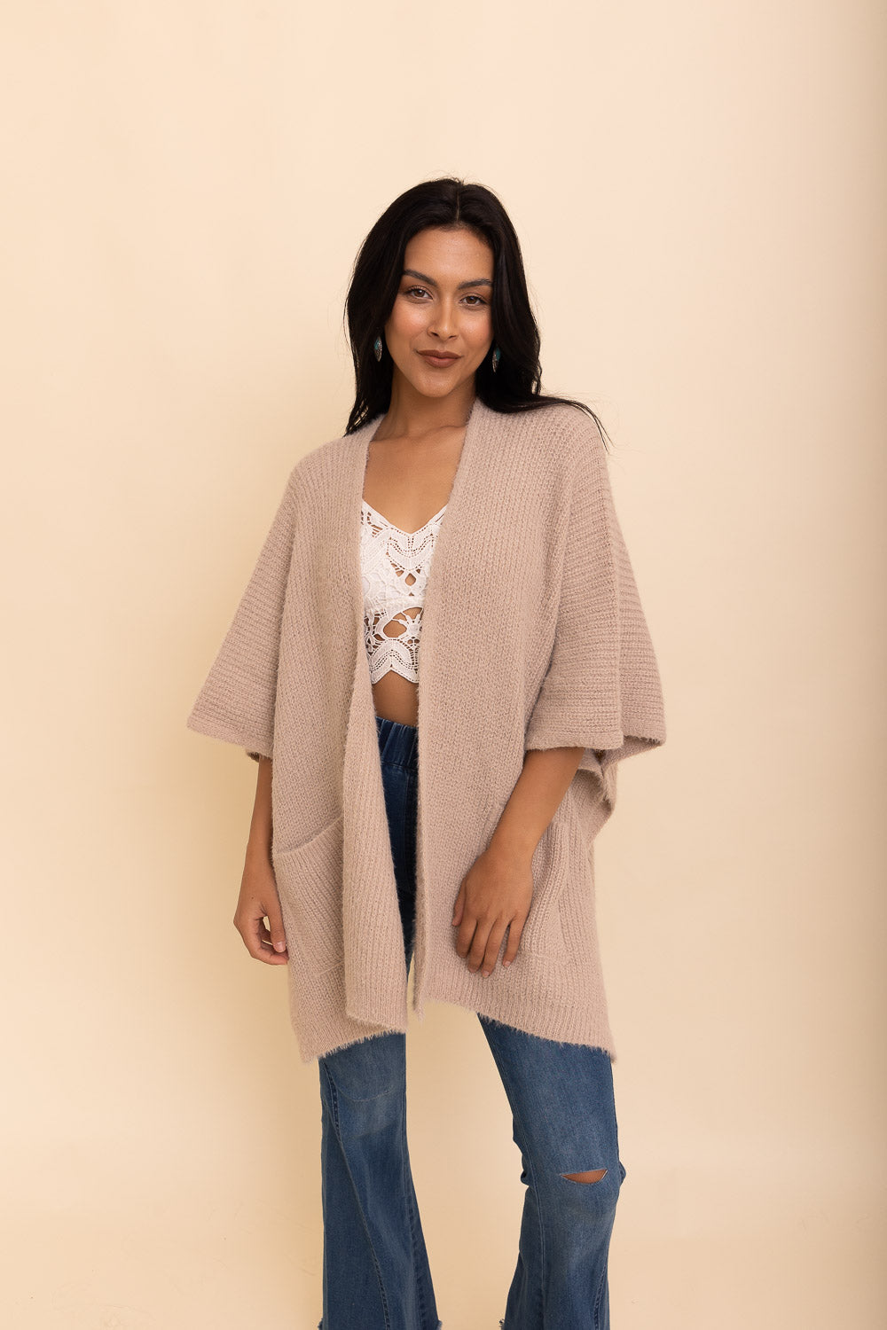 Beige boucle cardigan from Periwinkle Aether&