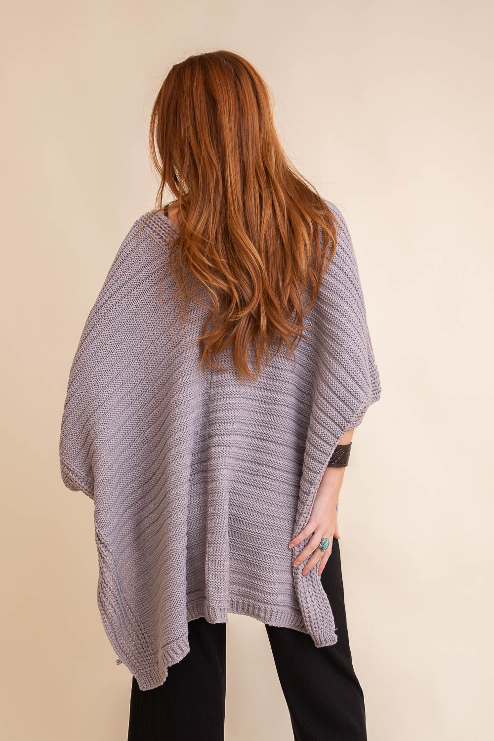Gray ridged rib knit ruana by Periwinkle Aether, stylish layering wrap with a textured, cozy design.