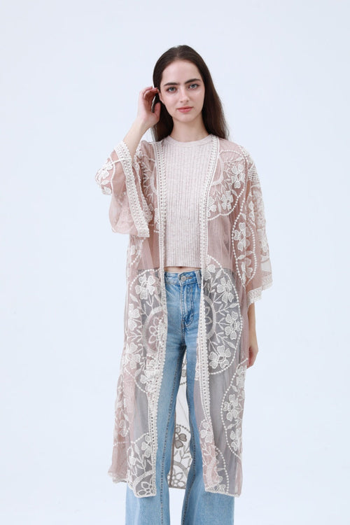 Contrast mesh cotton lace kimono from Periwinkle Aether, featuring lightweight fabric and delicate lace details as an accessory.