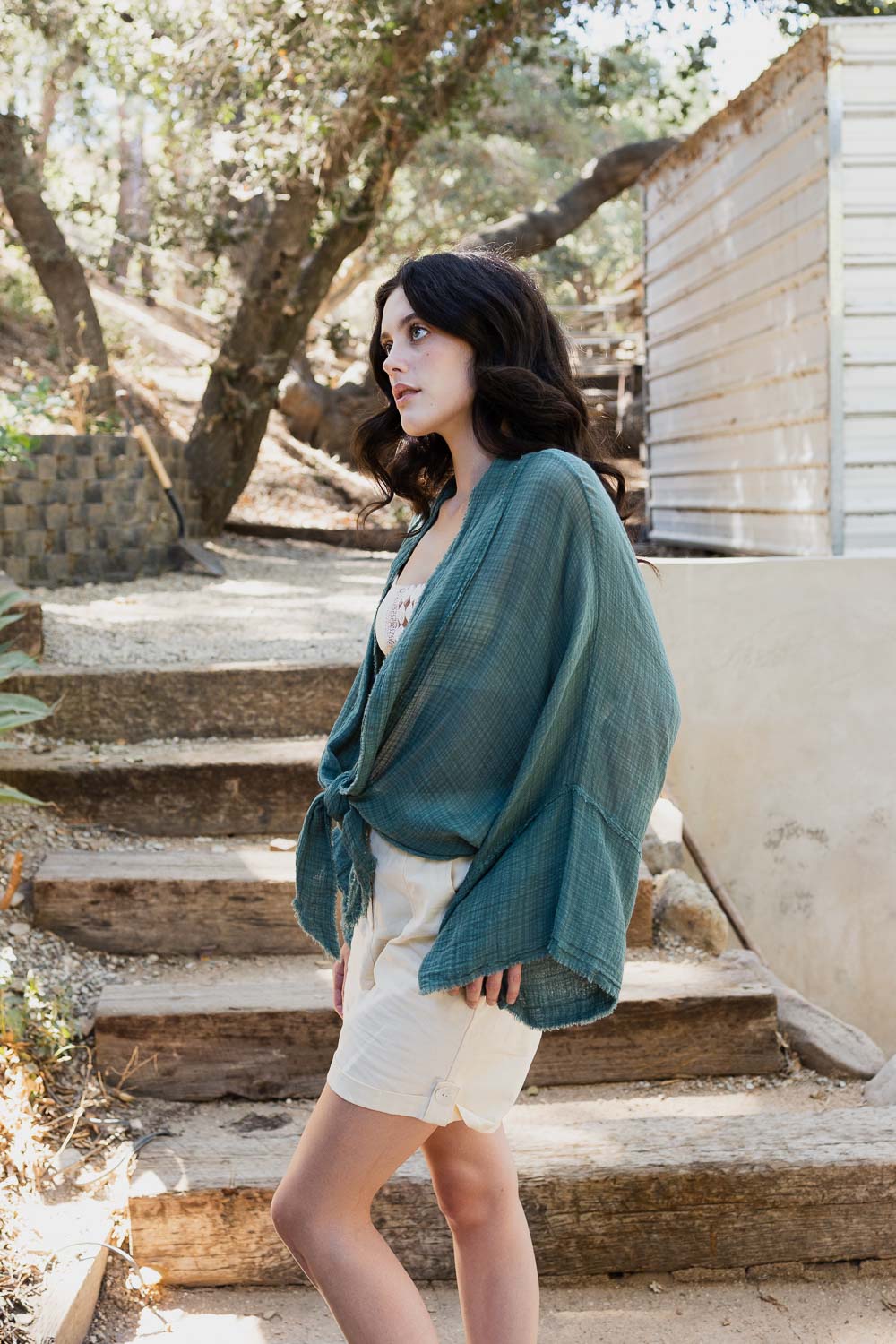 Periwinkle Aether Flounce Tie-Front Kimono Wrap accessory with flowing fabric and tie closure, shown in a stylish fashion image.