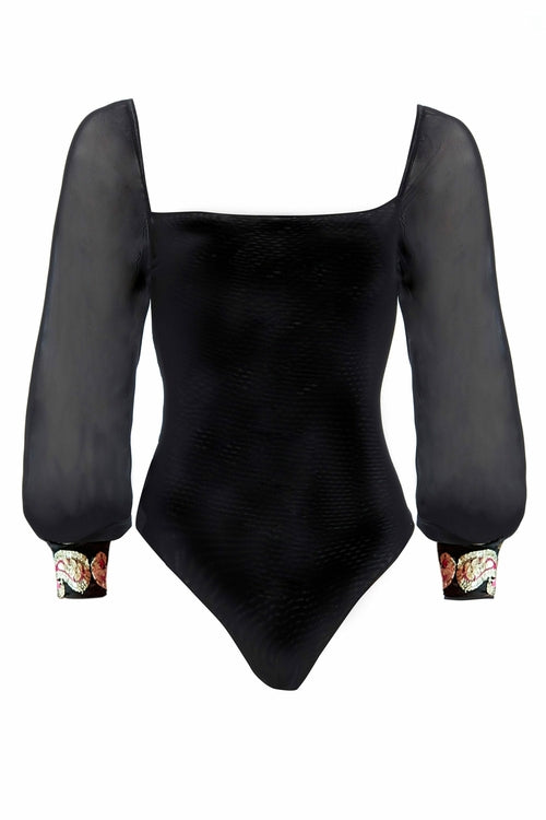 Black mesh bodysuit from Blush Athena featuring a fitted dress style with sheer mesh fabric and long sleeves.