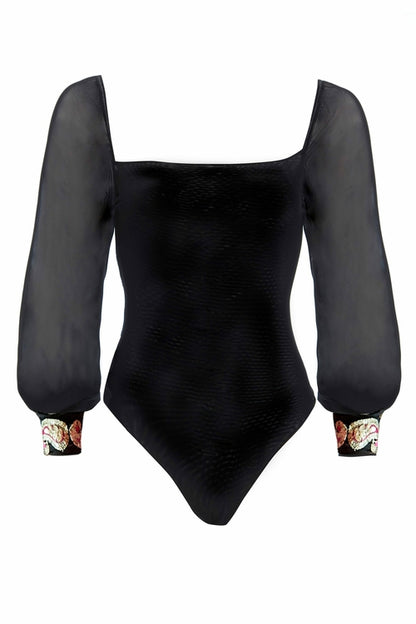 Black mesh bodysuit from Blush Athena featuring a fitted dress style with sheer mesh fabric and long sleeves.