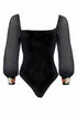 Black mesh bodysuit from Blush Athena featuring a fitted dress style with sheer mesh fabric and long sleeves.
