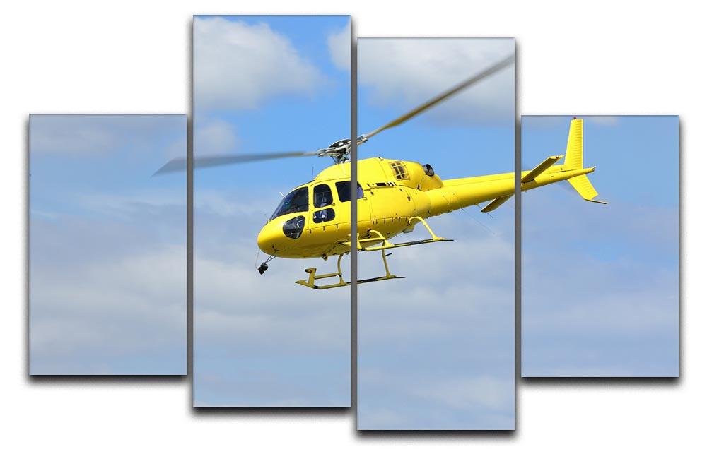 Yellow helicopter in the air split panel canvas wall art by Cerise Coconut, suitable for home and garden decor.
