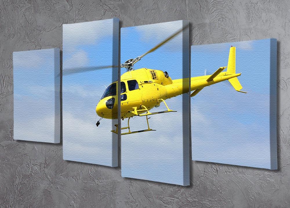 Yellow helicopter in the air split panel canvas wall art, vibrant home decor piece by Cerise Coconut for living rooms or offices.