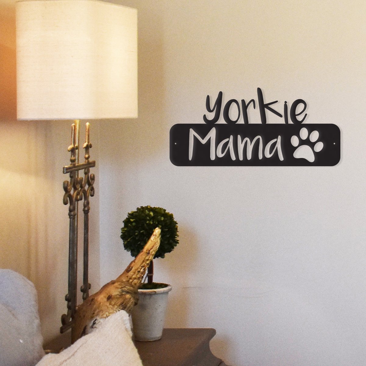 Canis Minor Dog Mama metal wall art decor featuring a stylized Yorkie dog for home and garden decoration.
