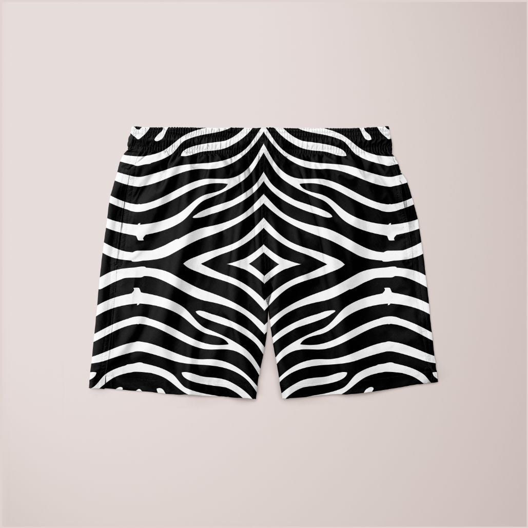 Sky Felix zebra pattern shorts with a bold black and white zebra print, displayed on a plain background.