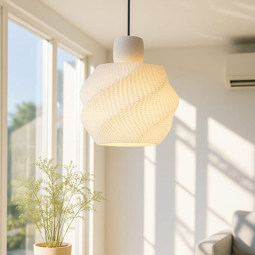 Azure Pontus Zenith Glow pendant lamp hanging with a modern design, showcasing its sleek lighting fixture and ambient glow.