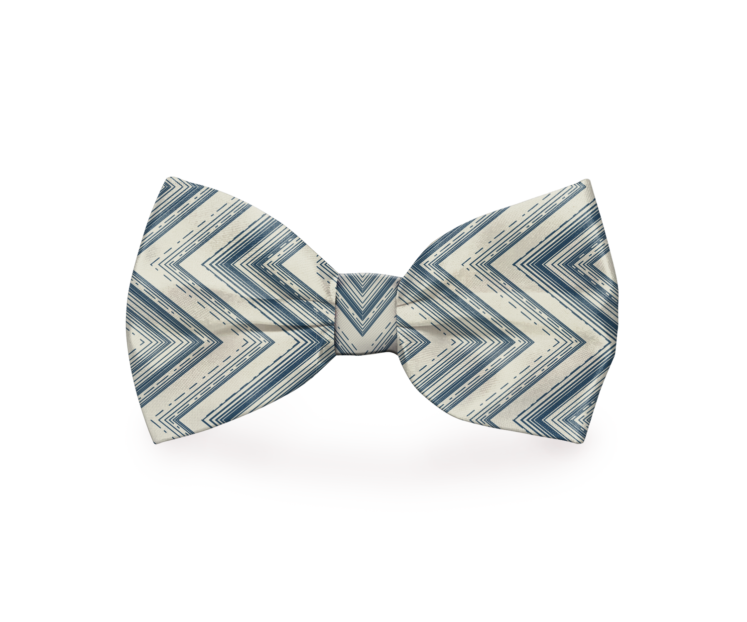 Indigo and beige zigzag dog bow tie by Plum Semele, styled on a pet collar for a fashionable pet accessory.