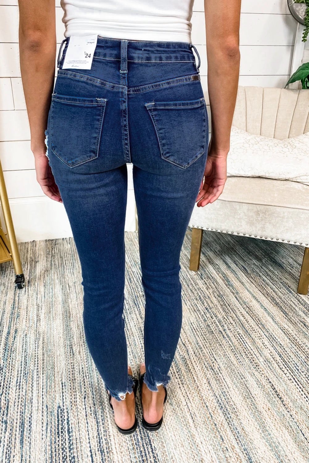 Dark blue leopard patch distressed skinny jeans for women by Jade, showing the fitted style with leopard and distressed details.