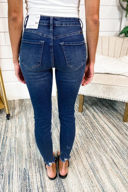 Dark blue leopard patch distressed skinny jeans for women by Jade, showing the fitted style with leopard and distressed details.
