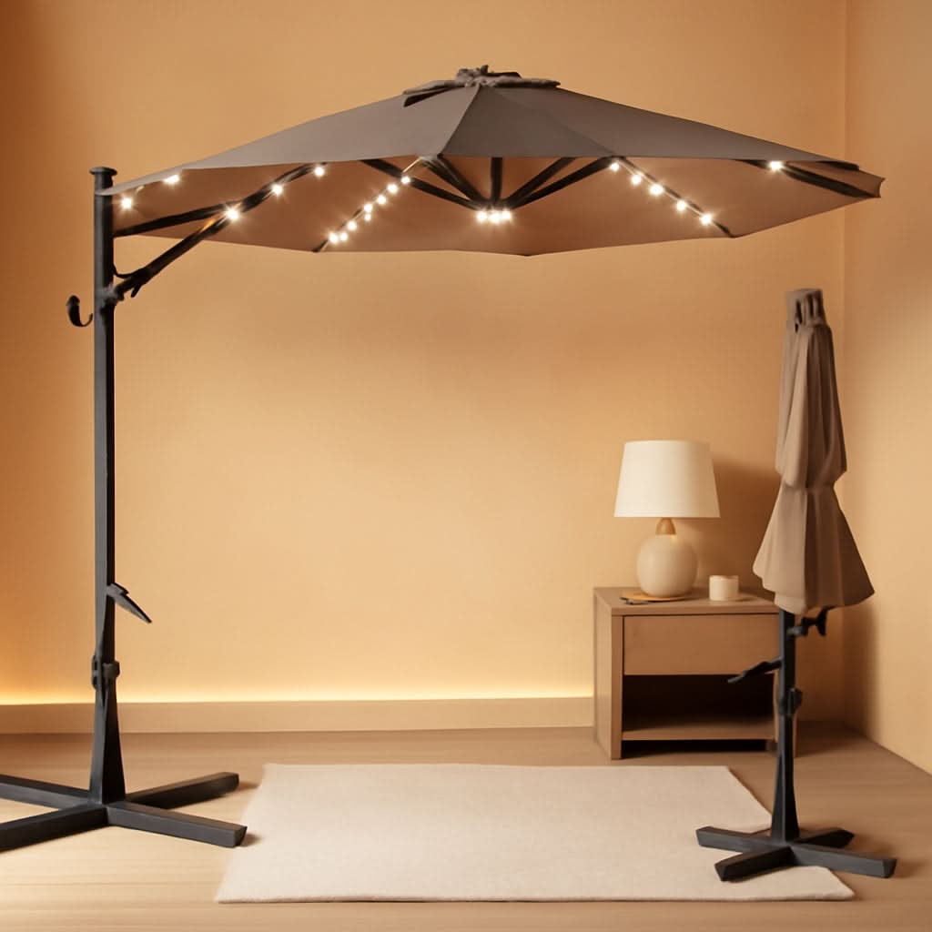 10 Foot Solar LED Cantilever Patio Umbrella With Lights Cross Base For Outdoor Use
