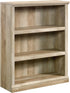 Peach Maple 3-shelf bookcase in Lintel Oak finish with open shelves, ideal for living room organization and storage.