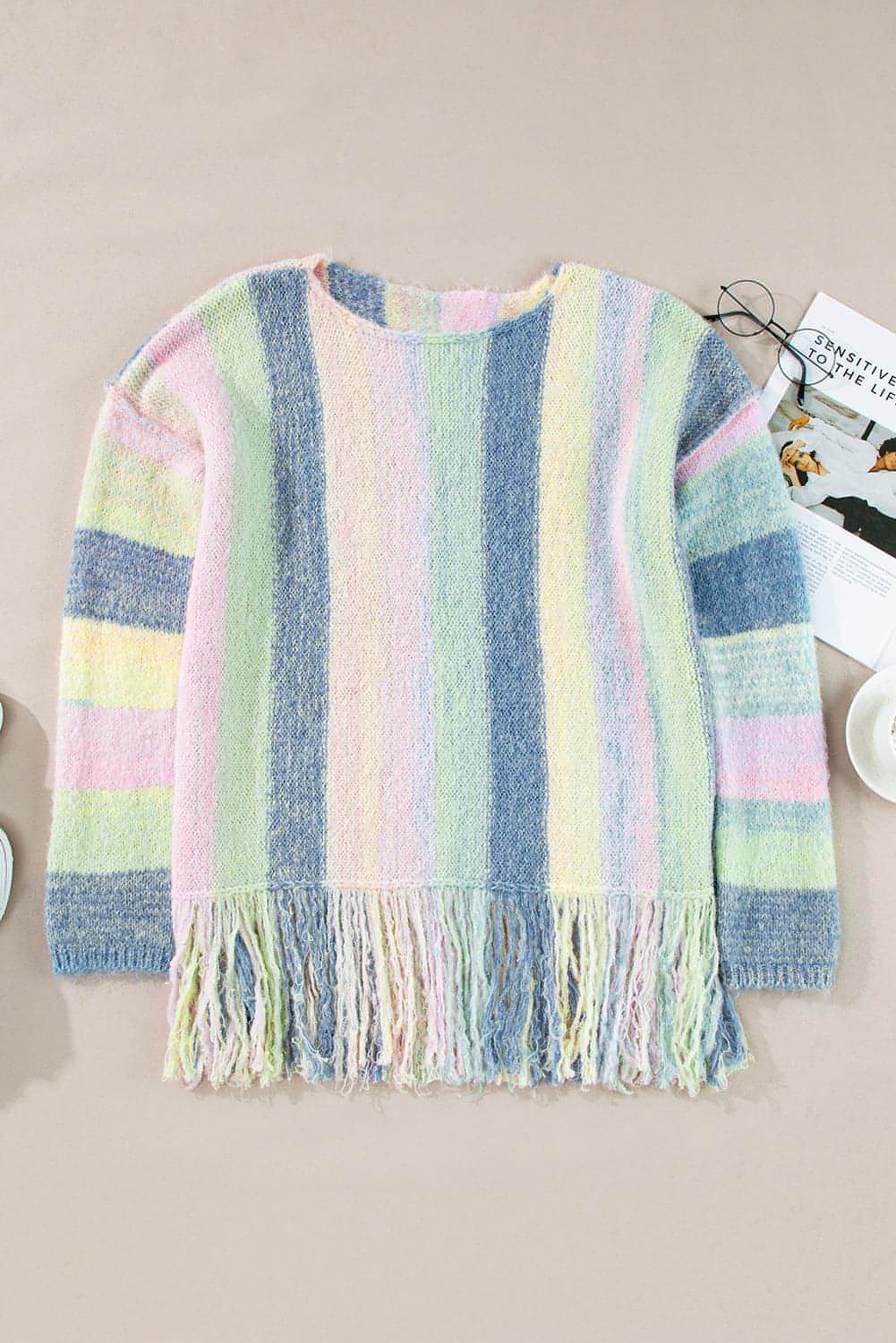 Purple color block fringed drop shoulder sweater by Carmine Juneberry, featuring a cozy knit with stylish fringe details.