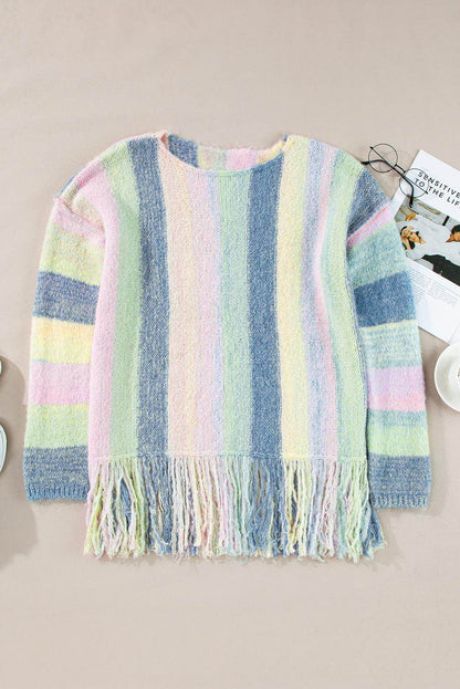 Purple color block fringed drop shoulder sweater by Carmine Juneberry, featuring a cozy knit with stylish fringe details.