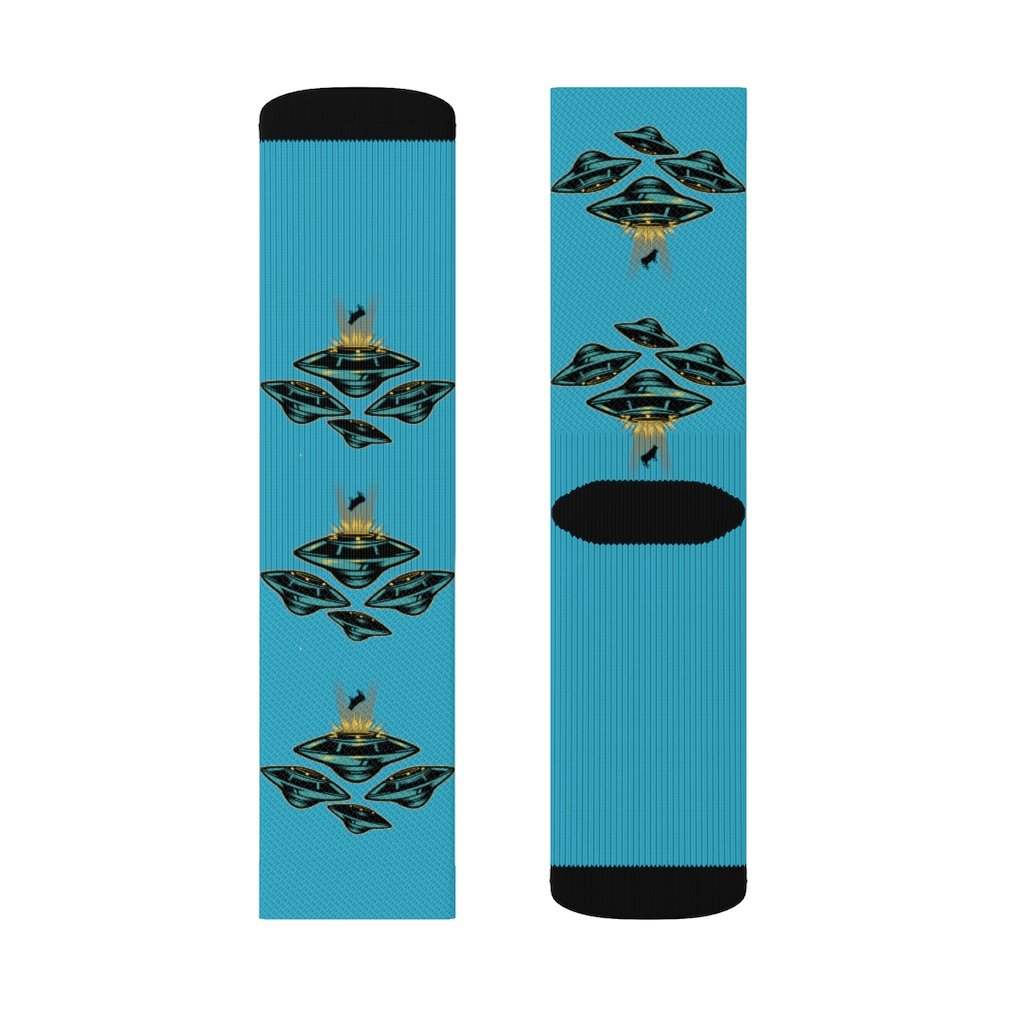 Yellow Pandora UFO Area 51 socks featuring extraterrestrial and alien designs on soft, comfortable sock fabric.