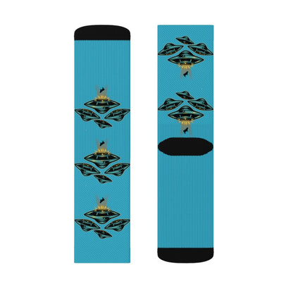 Yellow Pandora UFO Area 51 socks featuring extraterrestrial and alien designs on soft, comfortable sock fabric.