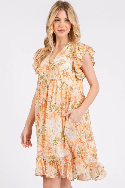 A Jade Icarus floral chiffon ruffle short sleeve mini dress with a stylish design, displayed on a mannequin.