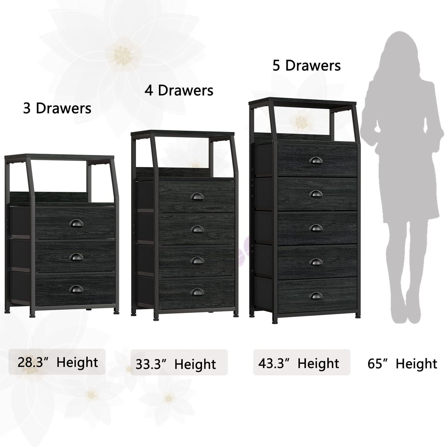 Black night stand with three fabric drawers and a two-tier shelf from Peach Maple furniture, featuring a modern design.