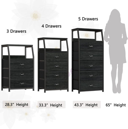 Black night stand with three fabric drawers and a two-tier shelf from Peach Maple furniture, featuring a modern design.