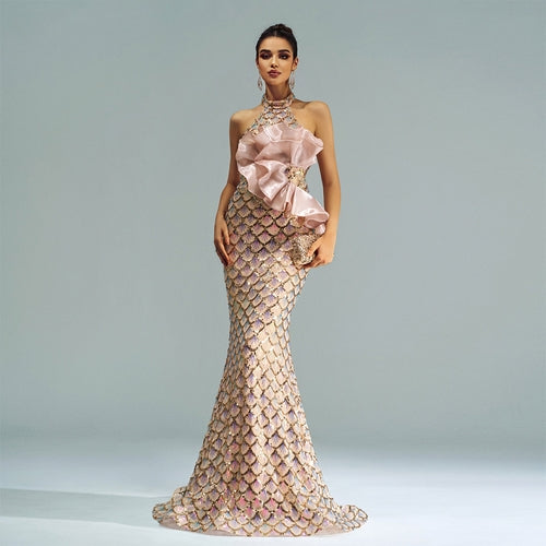 Carmine Juneberry Champagne Glam halter mermaid dress with luxurious fabric, fitted silhouette, and elegant design for special occasions.