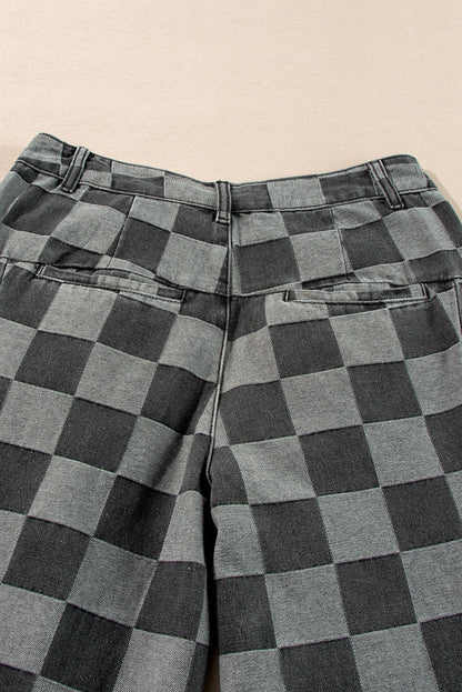 Dark grey checkered denim wide leg jeans for women by Ruby Styx, showcasing the relaxed fit and stylish checkered pattern.