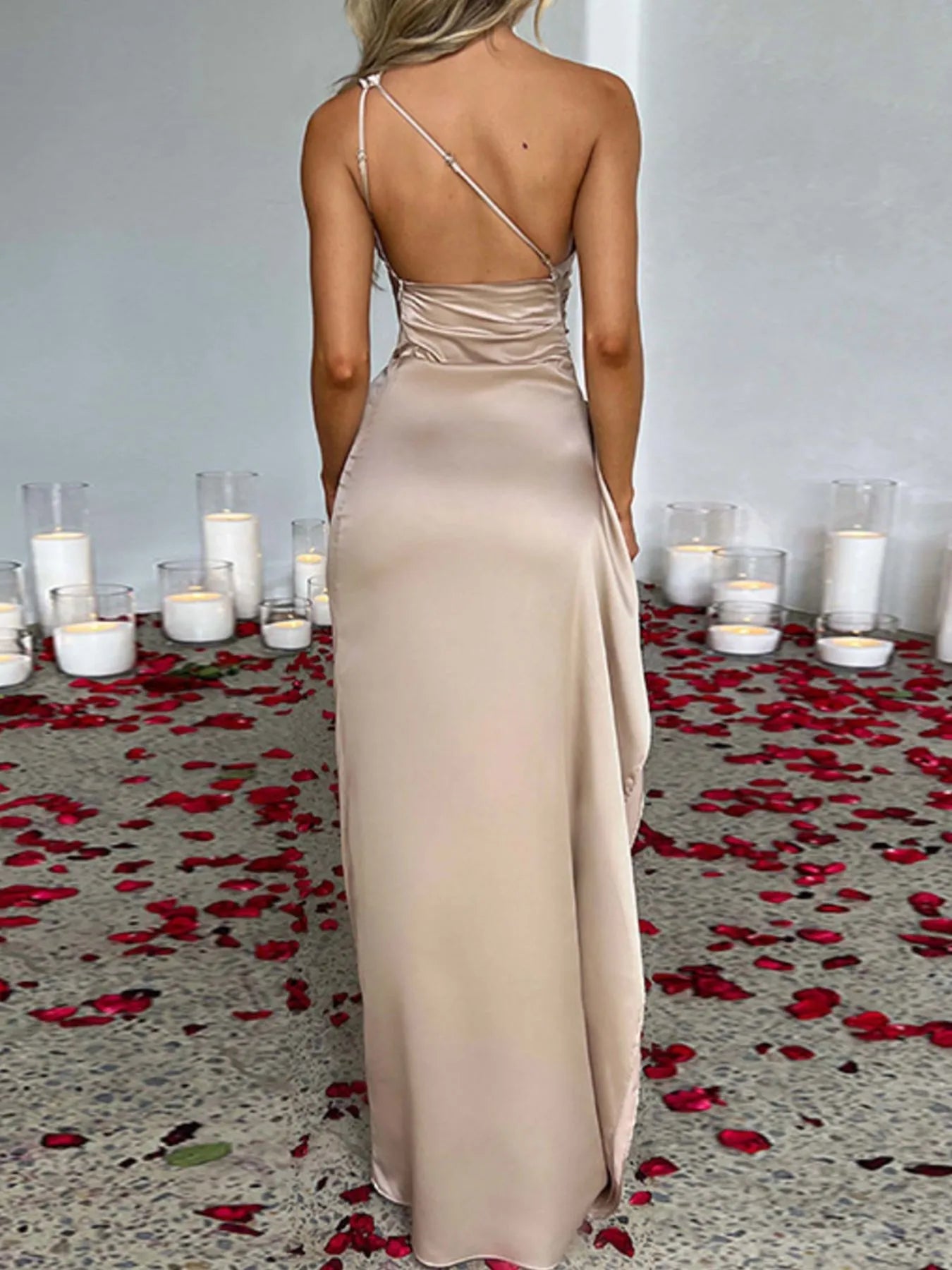 Jade Iapetus one-shoulder satin dress with high slit, elegant evening dress showcasing smooth satin fabric and stylish design.