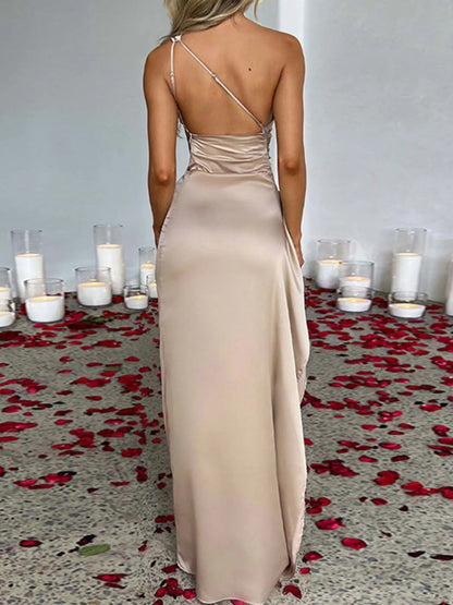 Jade Iapetus one-shoulder satin dress with high slit, elegant evening dress showcasing smooth satin fabric and stylish design.