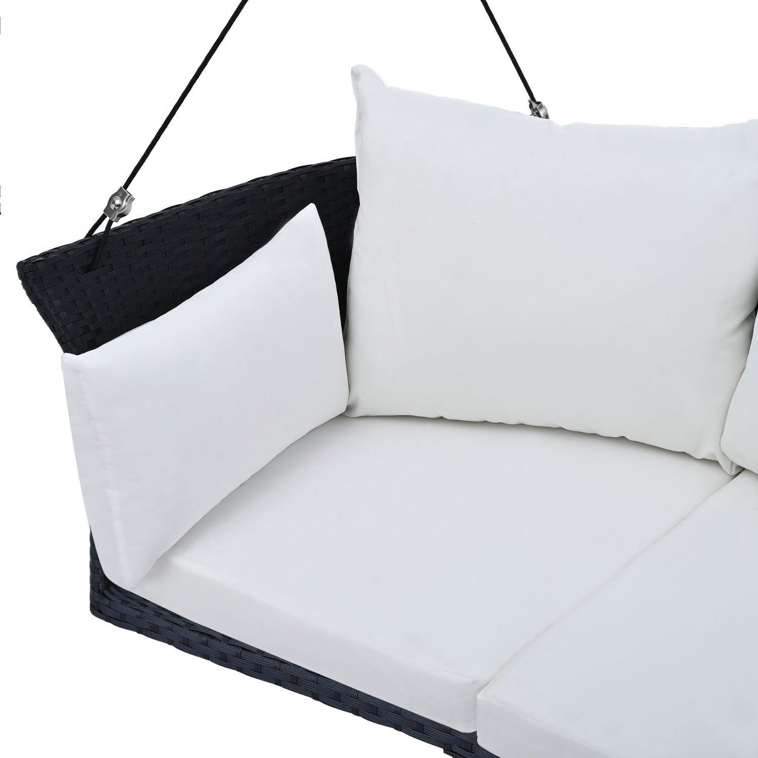 Black wicker hanging porch swing for 2 from Carmine Juneberry, designed for garden relaxation, with rattan and white cushions.