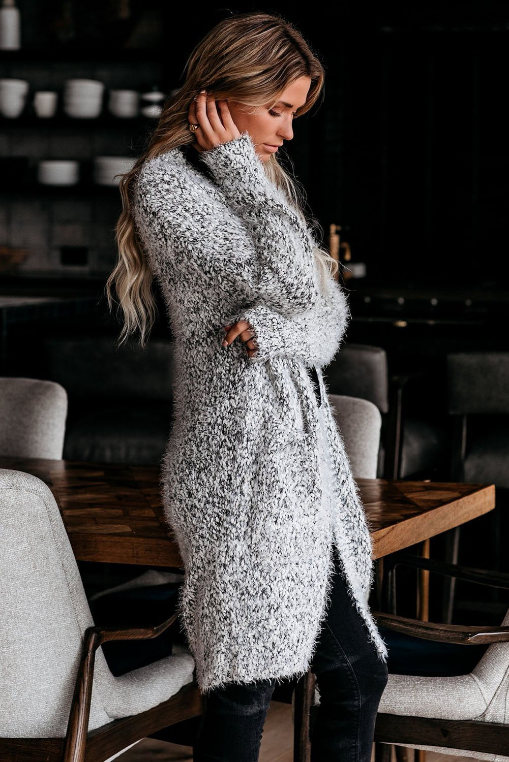 Soft Jade fuzzy knit cardigan for women with pockets, featuring a cozy, textured design and a relaxed fit.