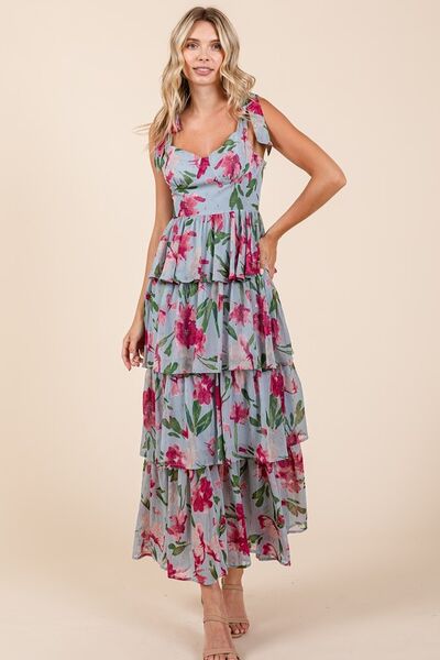 Jade Icarus Mittoshop layered floral sweetheart neck maxi dress for women, featuring a flowing floral design and elegant neckline.
