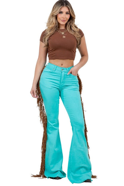 Jade Icarus Texas Sun Bell Bottoms for women, with a 32-inch inseam, showcasing retro-inspired wide-leg denim jeans.