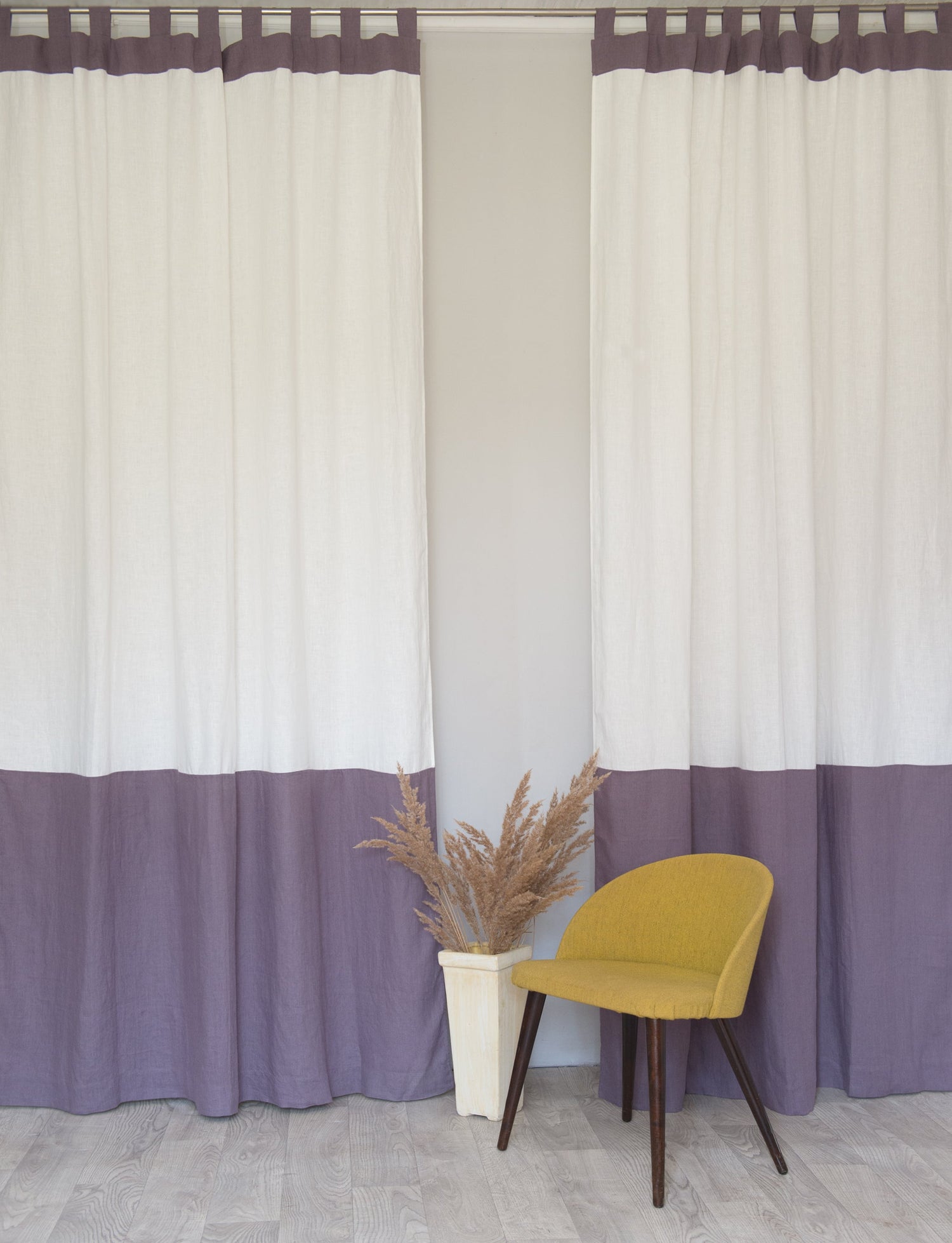 White and natural light linen curtains with tab tops in two tones, designed for elegant home decor by Magenta Sugarplum.