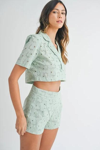 Pear Daisy MABLE eyelet short sleeve crop top and matching shorts set, perfect for relaxed home and garden wear, shown in the image.
