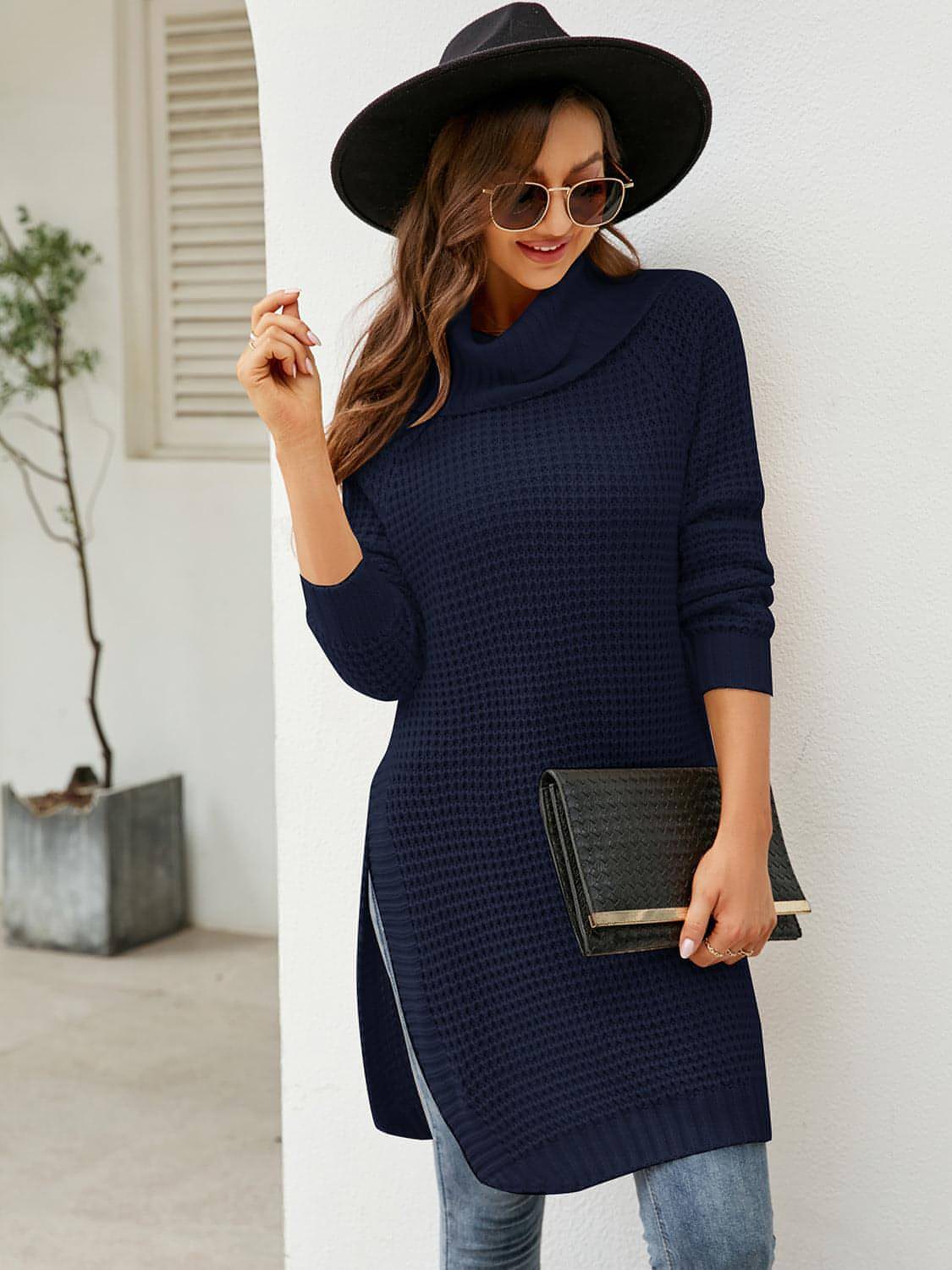 Carmine Juneberry waffle-knit turtleneck sweater dress with slit, cozy and stylish for fall and winter wear.