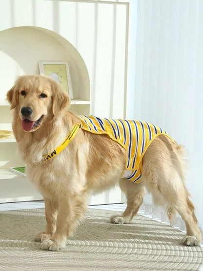 Striped physiological pet functional clothing by Pear Daisy, designed for comfort and health, shown on a small dog.