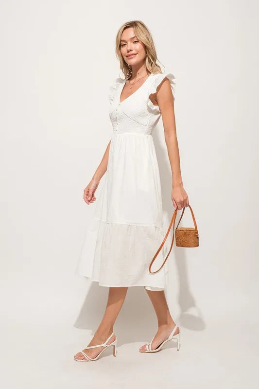 Pear Daisy ruffle sleeve front smocked tiered midi dress with floral pattern, perfect for home and garden casual wear.