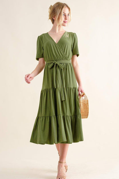 Carmine Juneberry soft short sleeve tiered midi dress with a flowy design and layered fabric, perfect for casual or summer wear.