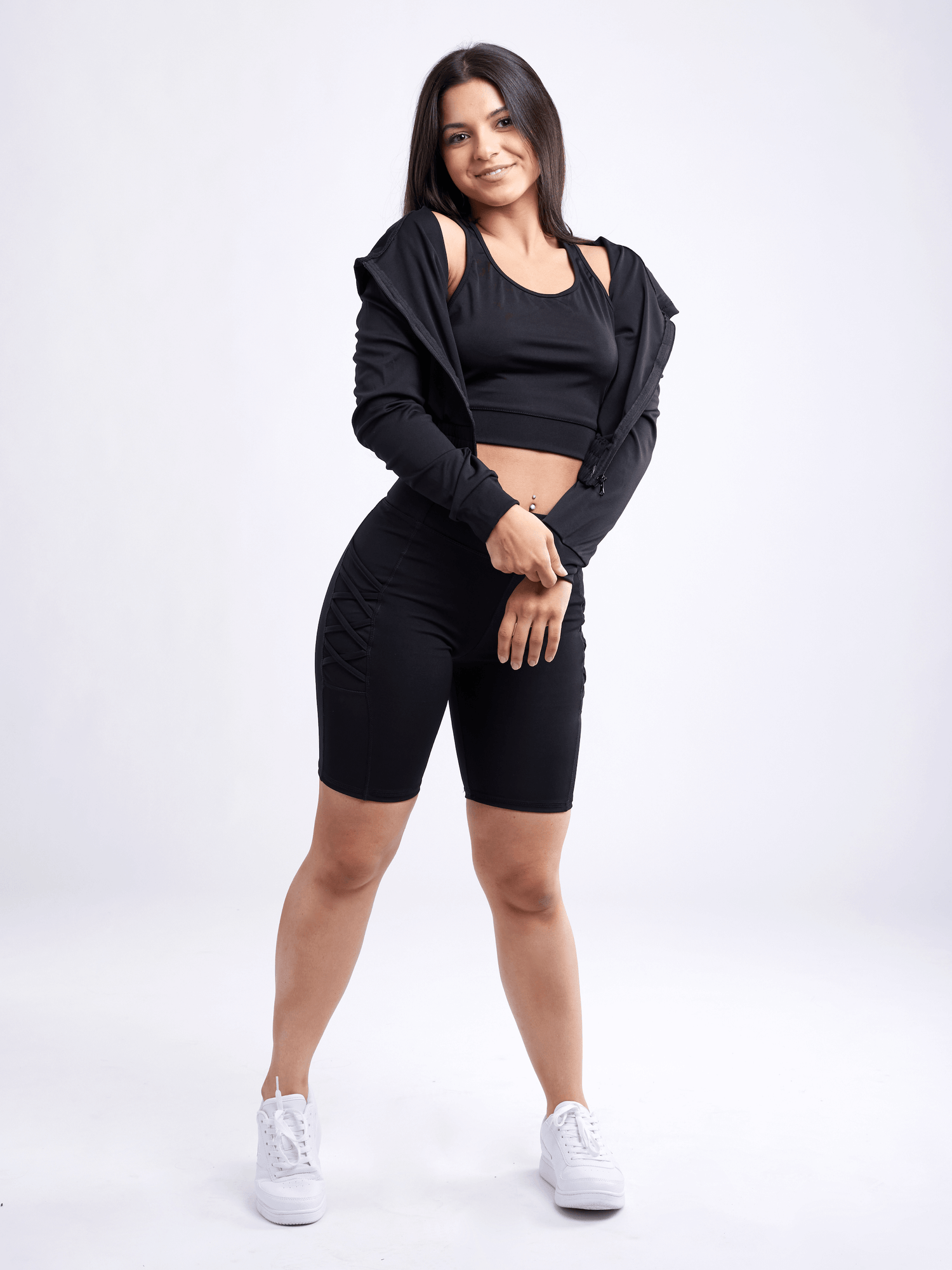 Black Lavender JupiterGear athletic zip-up crop hoodie jacket, activewear with a fitted design and front zipper, shown in black fabric.