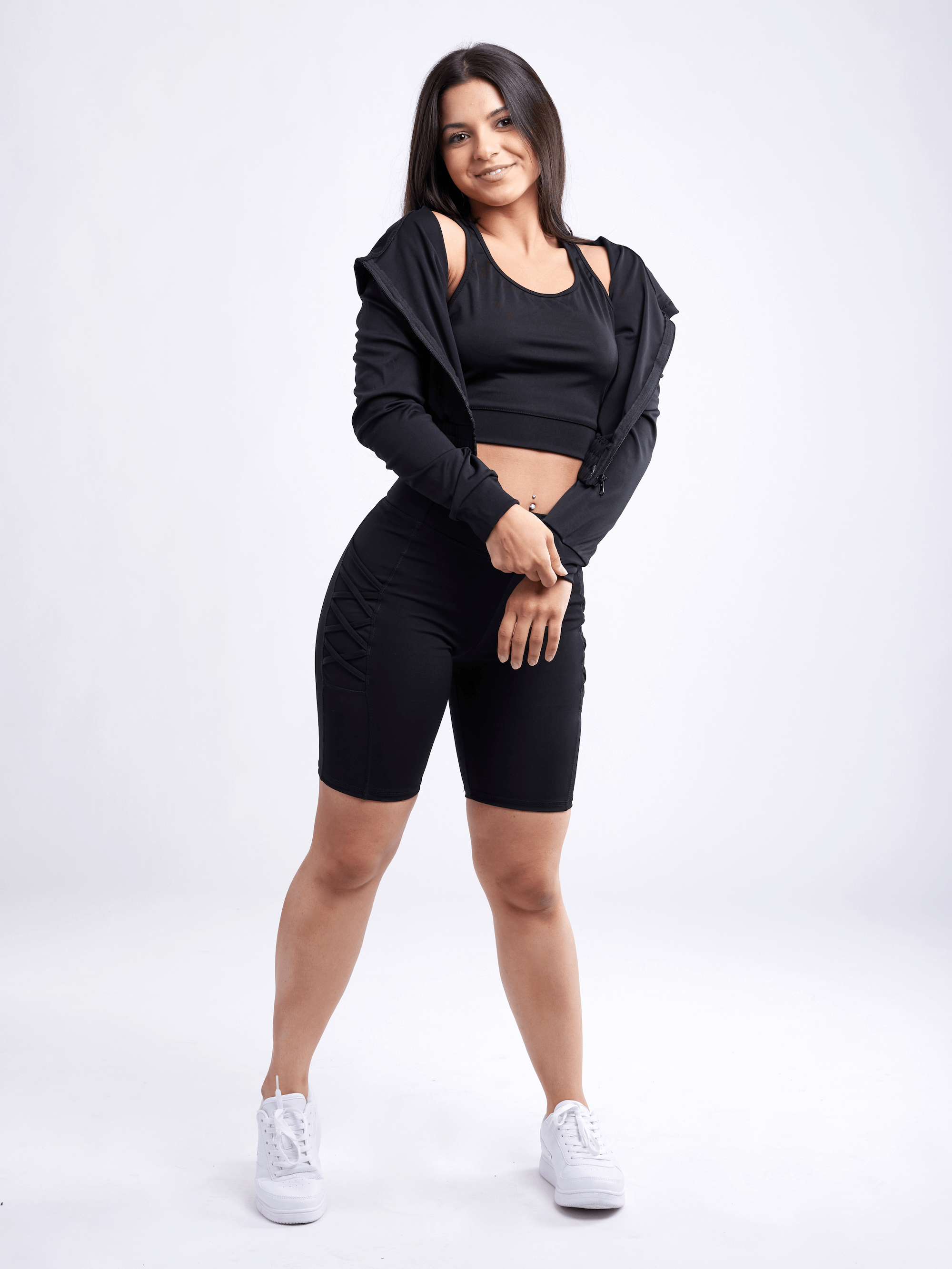 Black Lavender JupiterGear athletic zip-up crop hoodie jacket, activewear with a fitted design and front zipper, shown in black fabric.