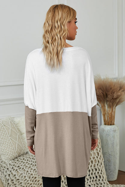 Gray colorblock casual long sleeve tunic with pockets by Harlequin Daisy, perfect for bath and beauty wear.