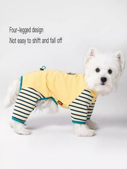 Striped comfortable pet jumpsuit by Pear Daisy, featuring soft fabric and cozy fit for home and outdoor wear.