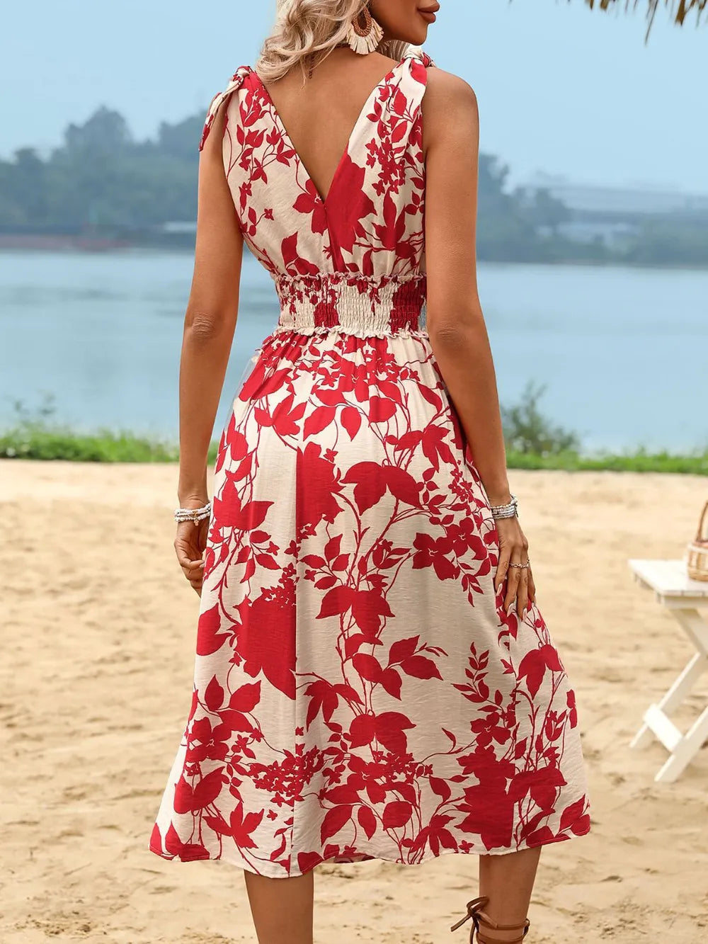 Ruby Styx Perfee smocked printed surplice midi dress for women, featuring a flowy silhouette and vibrant floral pattern.