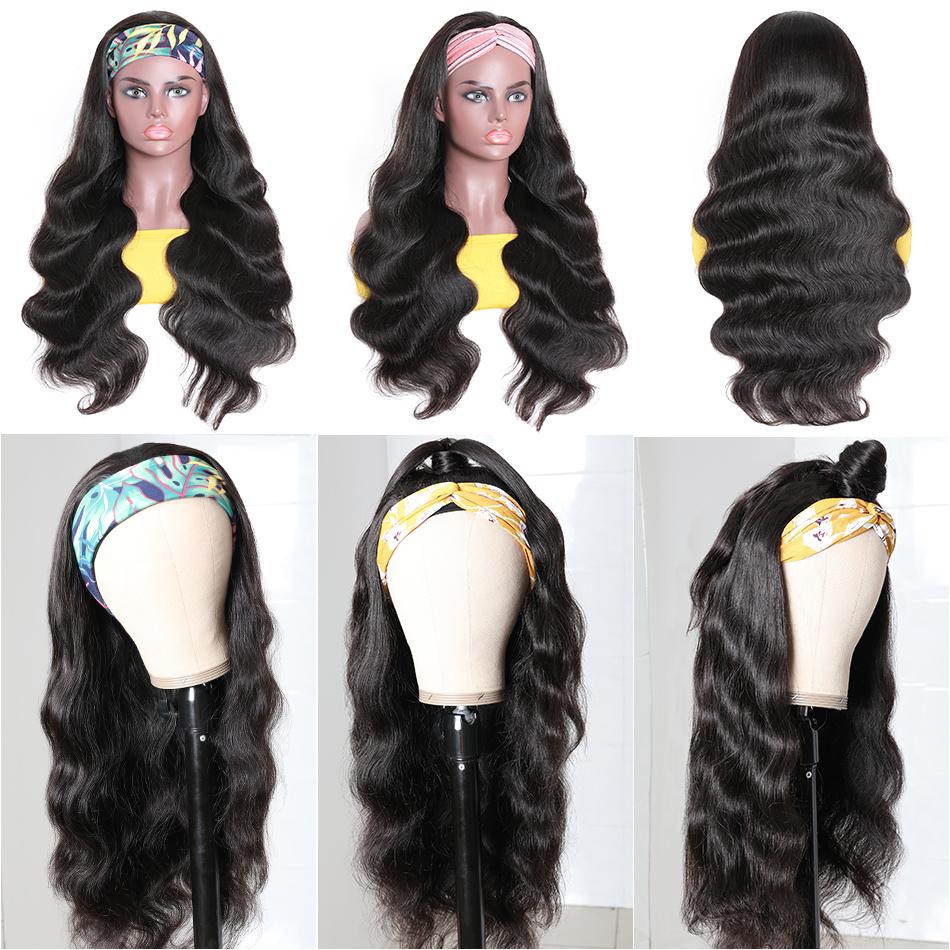Cerise Alfie human hair headband wig with body wave style, easy wear, no glue, for women, in a natural brown color.