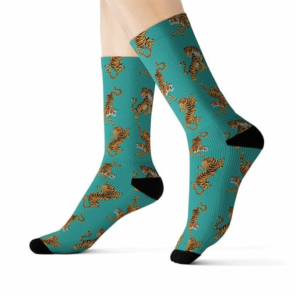 Yellow Pandora Tiger Fun novelty socks featuring bold tiger stripe patterns and playful design on soft fabric.