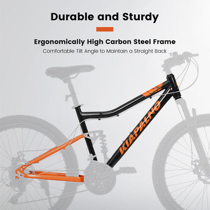 Carmine Juneberry TerraRush™ 26-inch mountain bike with shock absorber and 21-speed gear system, ready for off-road cycling.